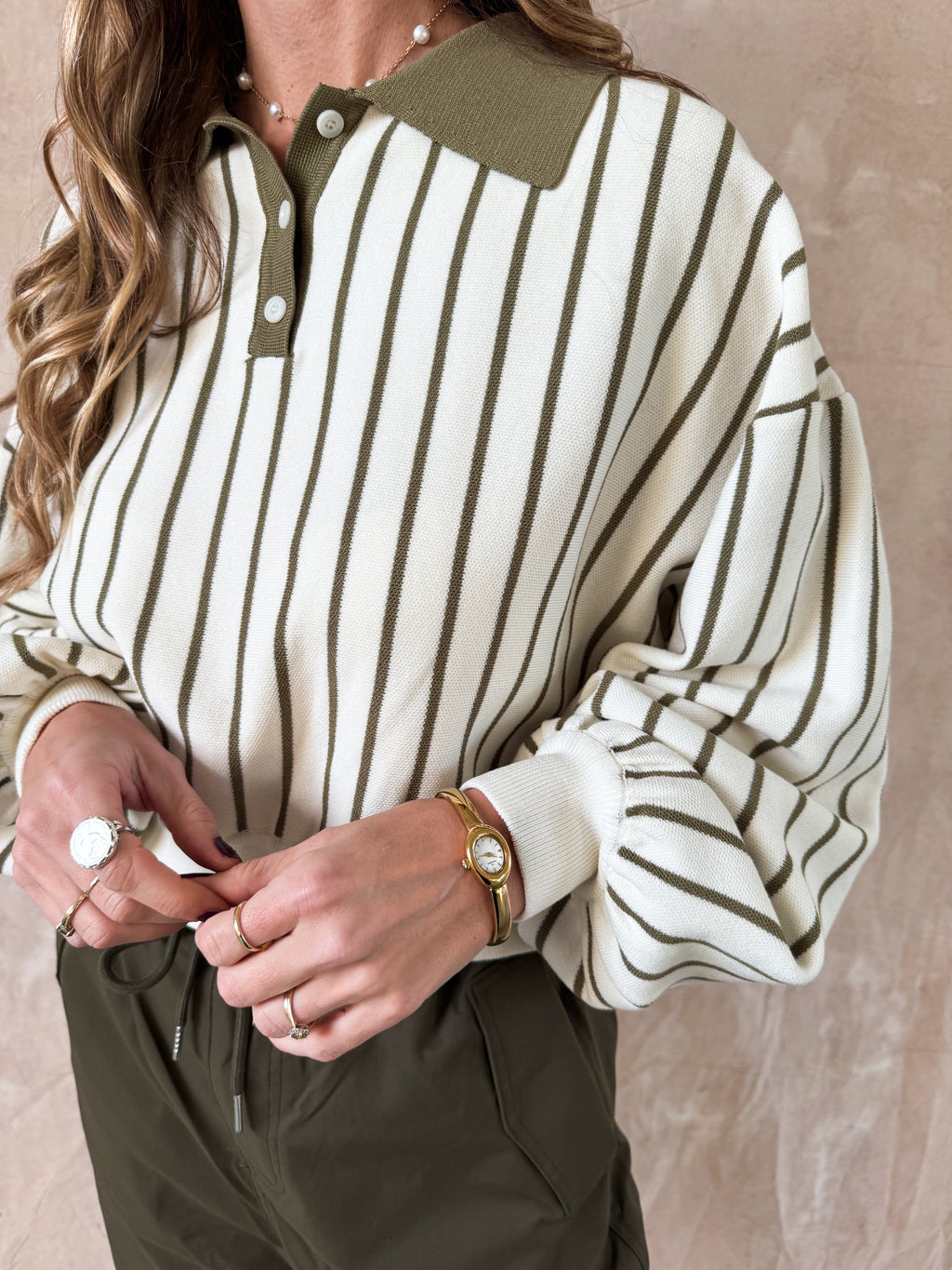 Sammy striped sweater beige/groen – Sporty gestreepte dames sweater