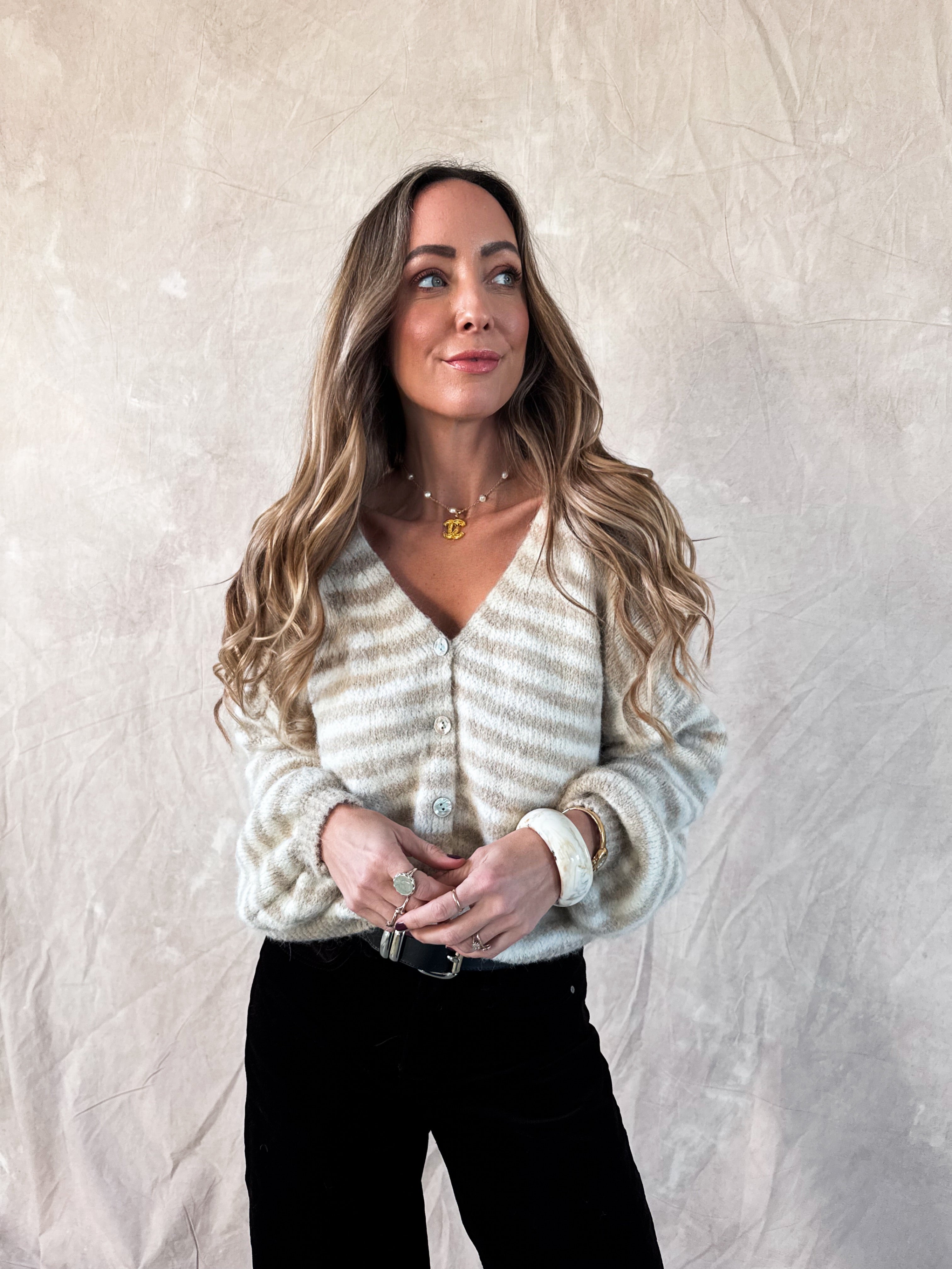 Sherry cardigan beige streep – Zacht gestreept dames vest