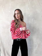 Sherry cardigan roze/rood – Zacht gestreept dames vest | Onesize XS–XL