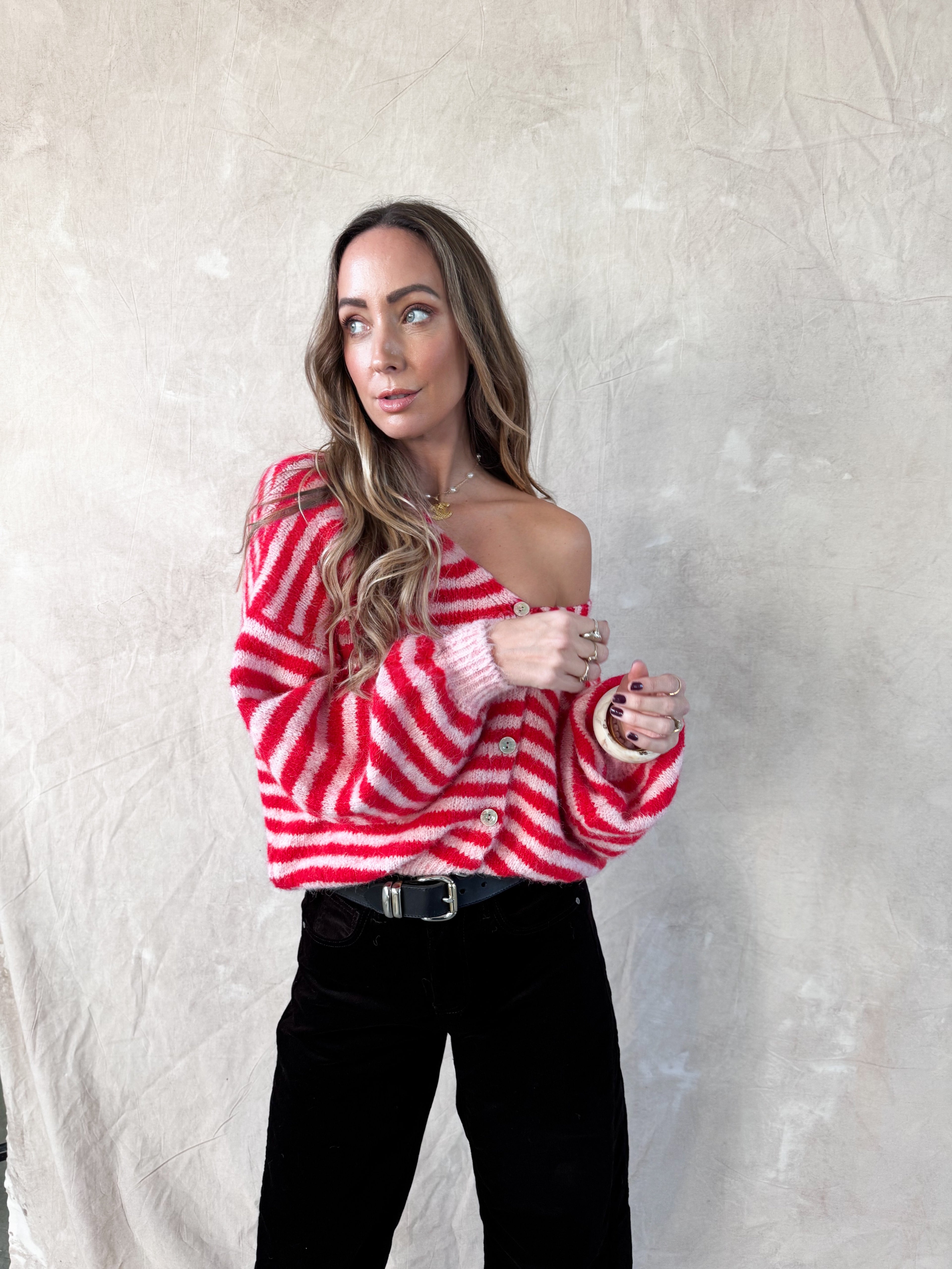 Sherry cardigan roze/rood – Zacht gestreept dames vest | Onesize XS–XL