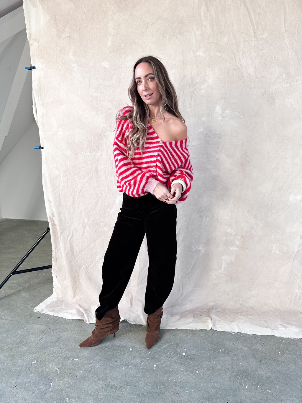 Sherry cardigan roze/rood – Zacht gestreept dames vest | Onesize XS–XL