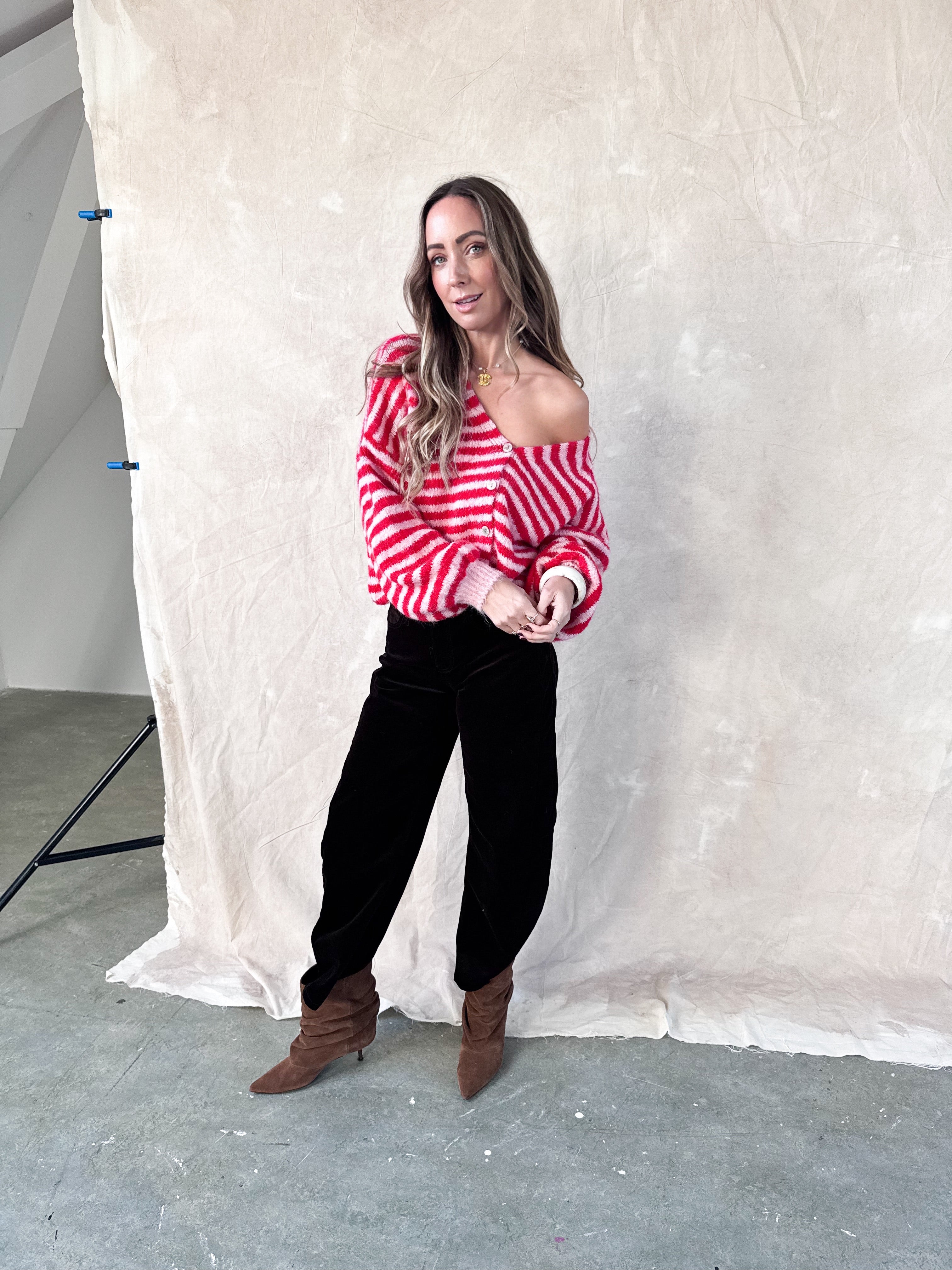 Sherry cardigan roze/rood – Zacht gestreept dames vest | Onesize XS–XL