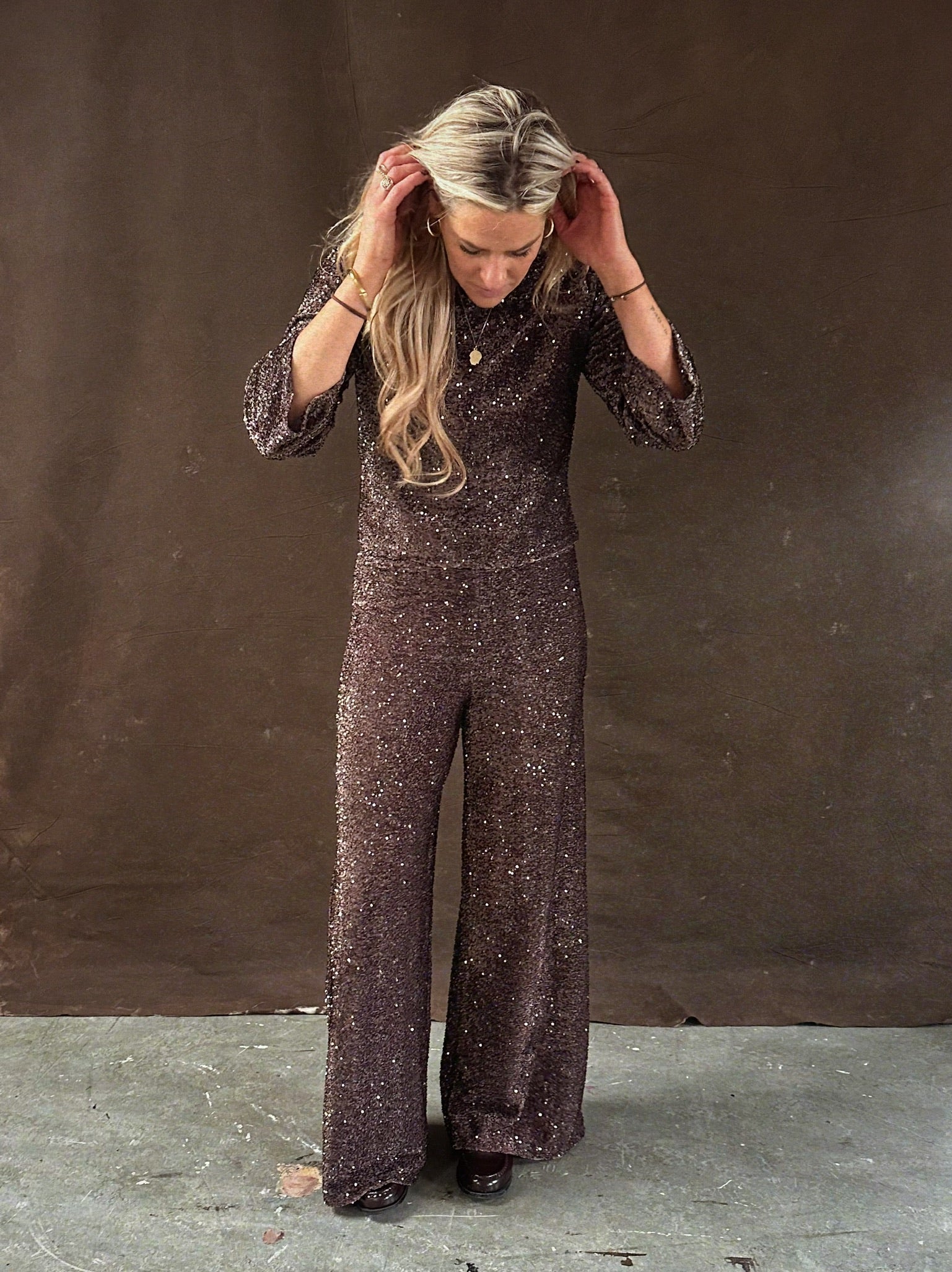 Glittery glitter pants bruin – Pailletten feestbroek dames