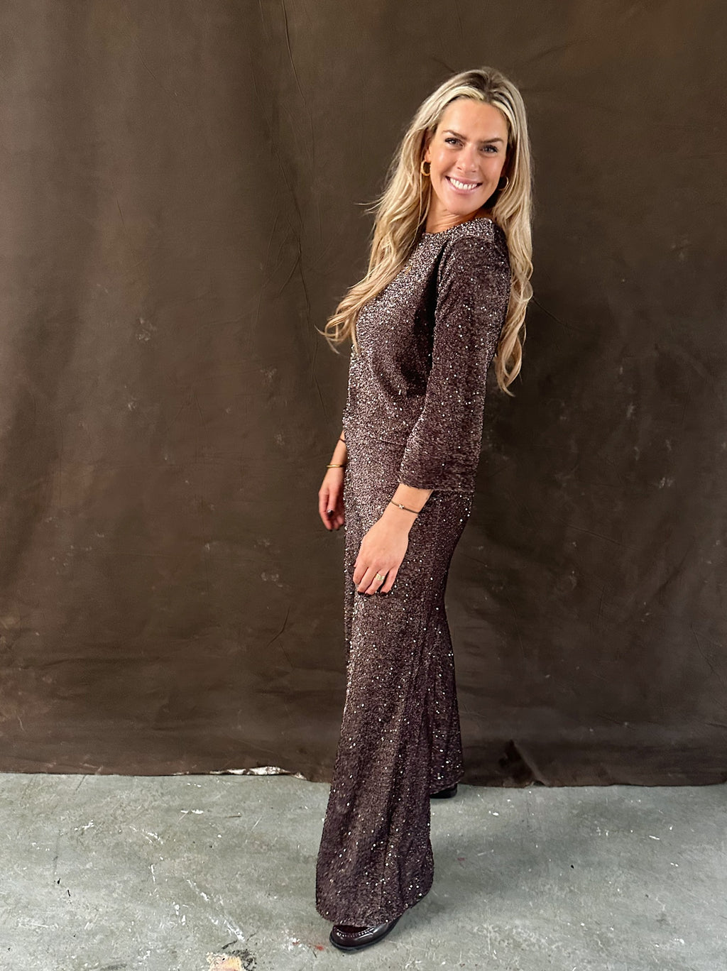 Glittery glitter top bruin – Pailletten feesttop dames