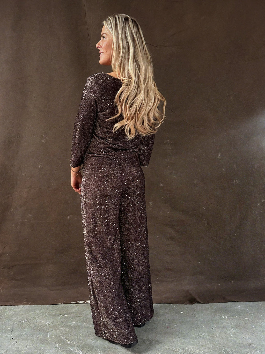 Glittery glitter top bruin – Pailletten feesttop dames