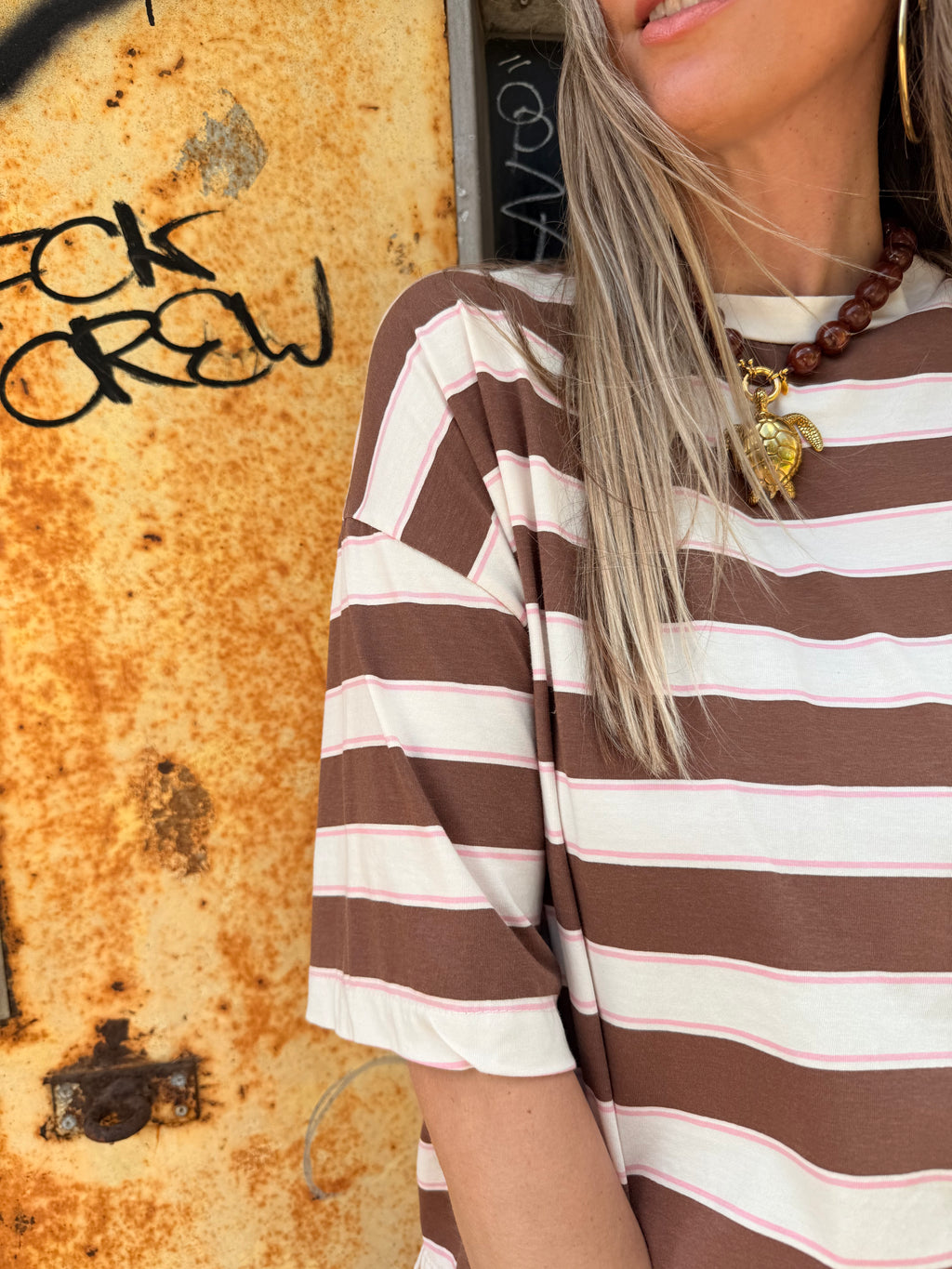 Simmy Tee Striped beige bruin – wide fit