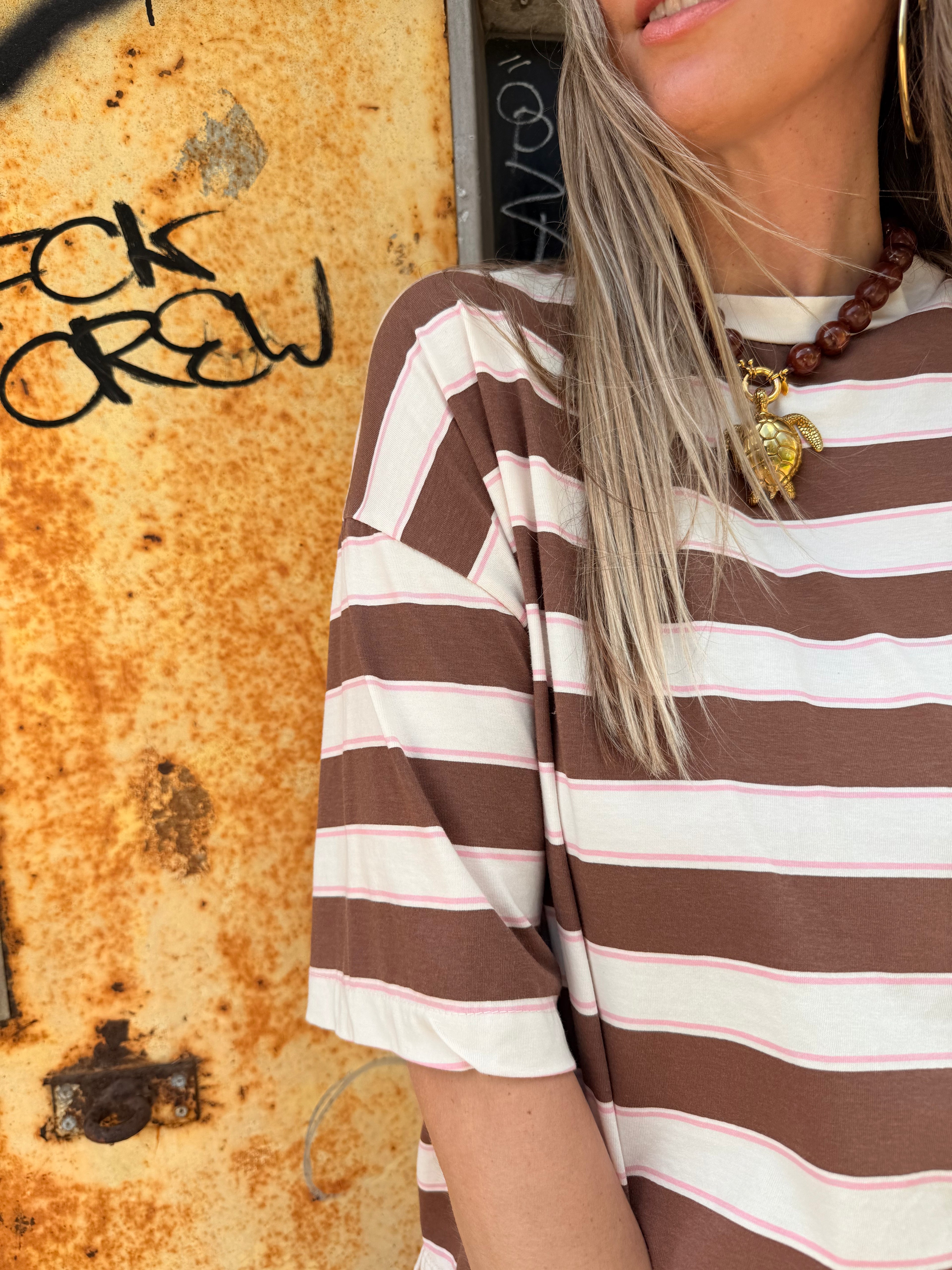 Simmy Tee Striped beige bruin – wide fit