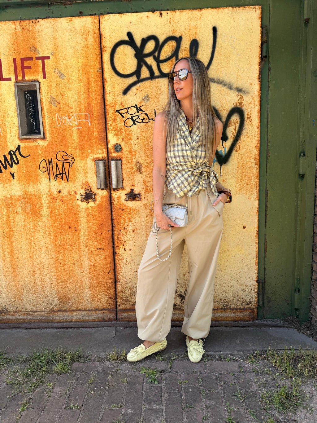 Ronny Checked Blouse – Geel Ruit Wikkelblouse