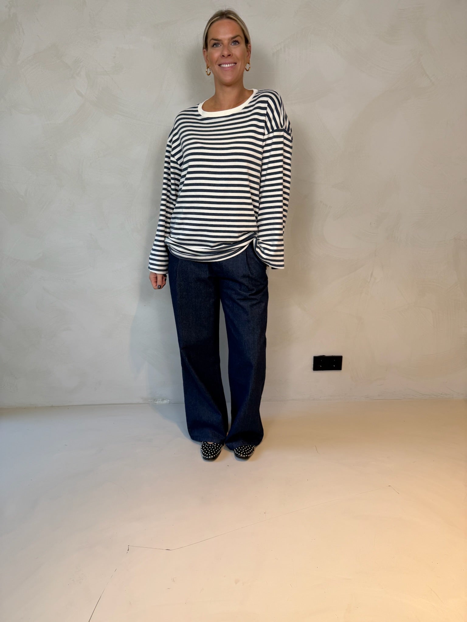 Anna striped longsleeve – Blauw wit streep – Oversized soft top