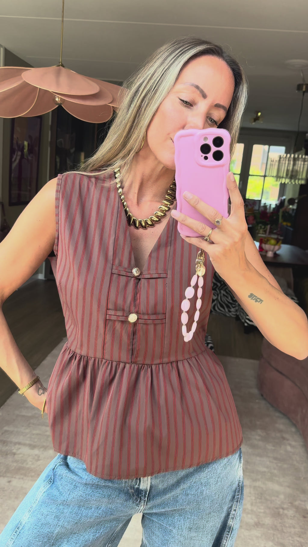 Gwenny striped top bruin/rood – Gestreepte dames top