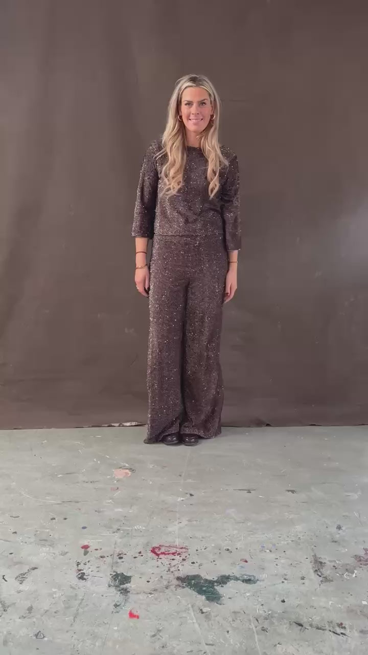 Glittery glitter top bruin – Pailletten feesttop dames