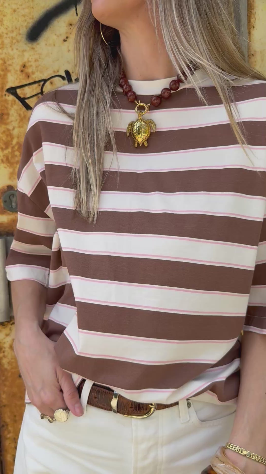 Simmy Tee Striped beige bruin – wide fit